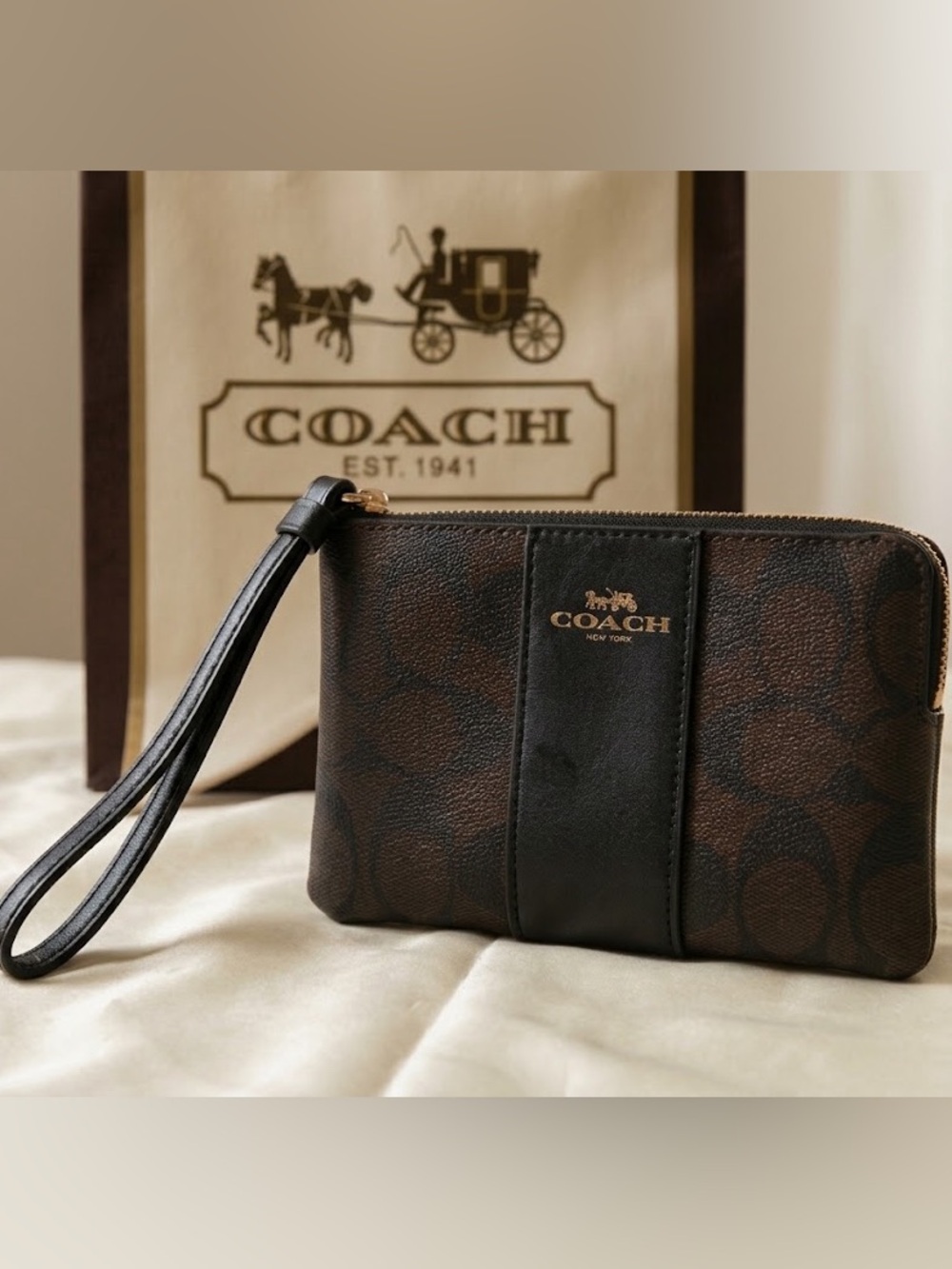 COACH Classic Monogram Logo Rich Brown Wristlet w/Strap